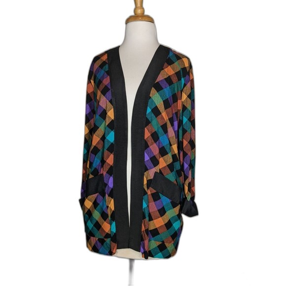 Vintage Plaid Open Front Cardigan Jacket Top M/L B42 80s Grosgrain Trim - Picture 1 of 3